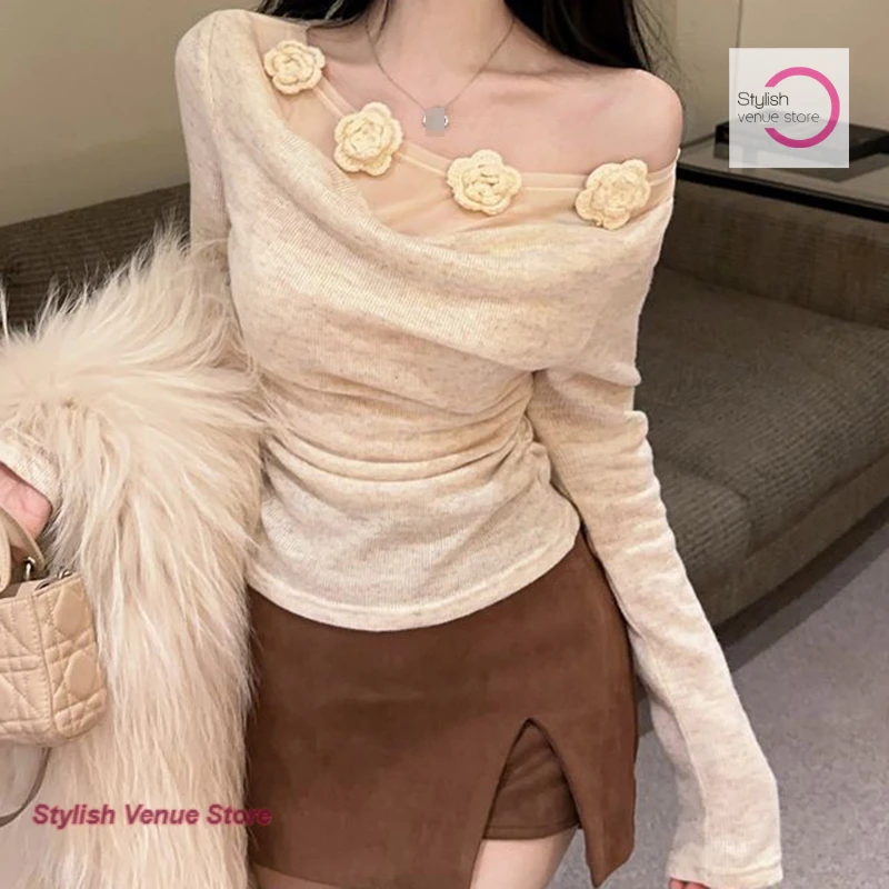 French atmosphere three-dimensional flower swing collar long-sleeved top women's spring and autumn fashion Joker bottoming shirt