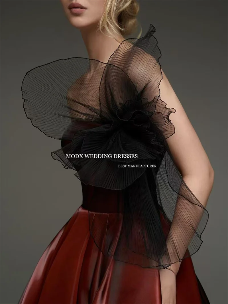 MODX Moderne Donkerrode Avondjurken Strapless Strik Theelengte Formeel Evenement Gelegenheidsjurken Zijde Satijn AANGEPASTE