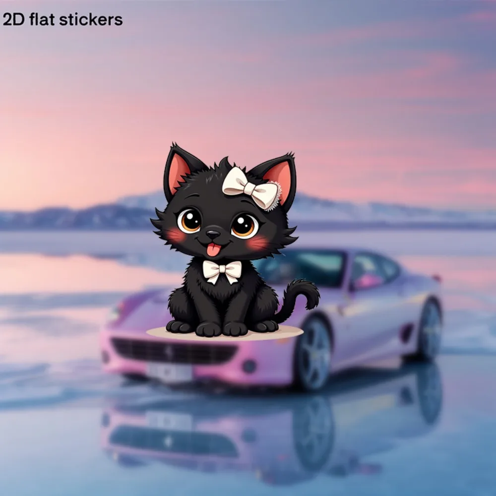 A Flat Design Featuring an Adorable Black Kitten Adorned with White Bow Tie And Rosy Cheeks Made from Glossy Plastic. This