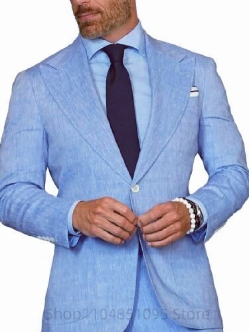 

Blue Linen Wedding Suits for Party Prom Slim Fit Casual Men Suit Notched Lapel Jacket with Pants 2 Pieces Set for Summer Beach