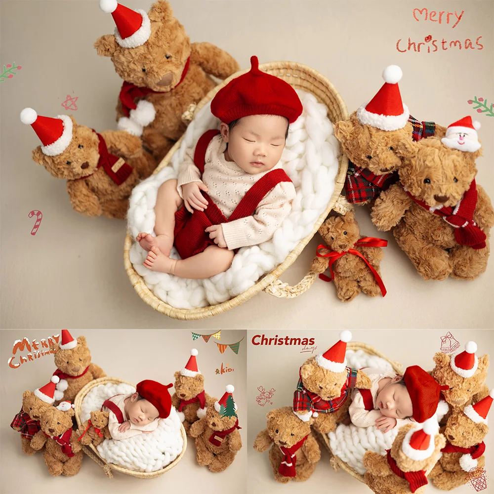 

Newborn Christmas Photography Theme Sweet Knitted Sweater+Overalls+Beret Christmas Bear Dolls Studio 0-1 Months Baby Photo Props