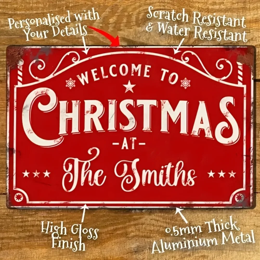 Vintage Customizable Aluminum Holiday Plaque 8x12Inch Merry Christmas Family Last Name Year Home Cafe Wall Hanging