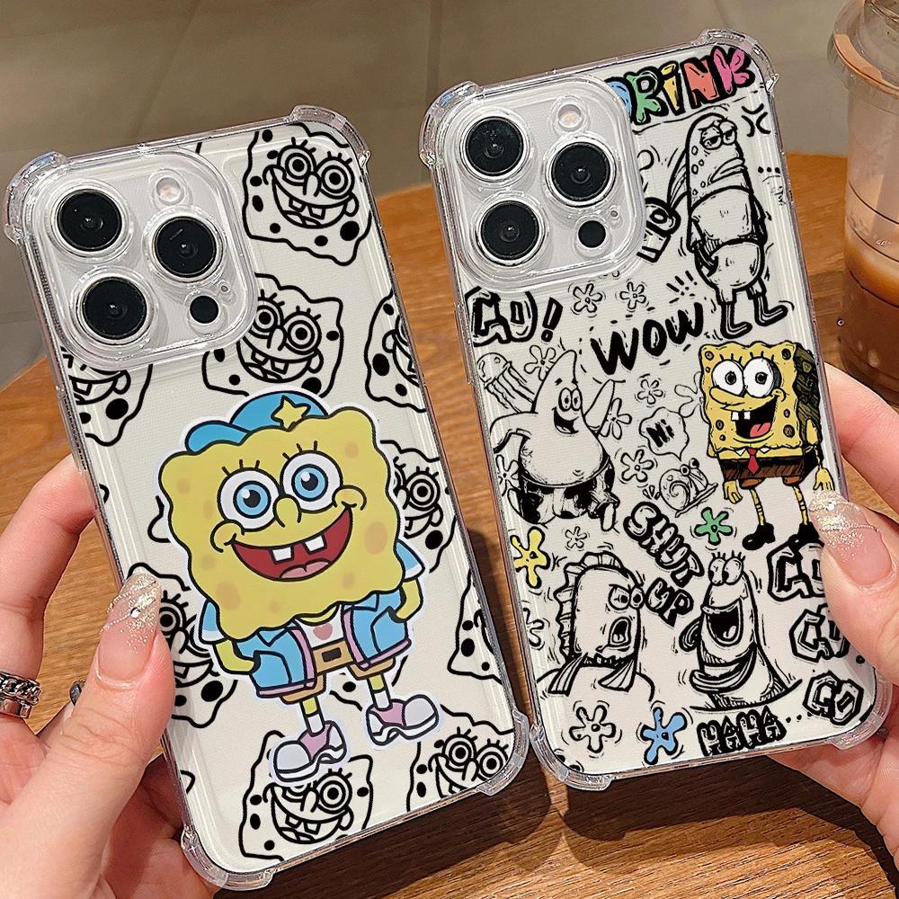 Niedliche SpongeBob Schwammkopf Handyhülle für iPhone 17 Air 16 16e 15 14 Plus 13 12 11 Pro Max X Xs XR 8 Transparente Sturzsichere Schutzhülle
