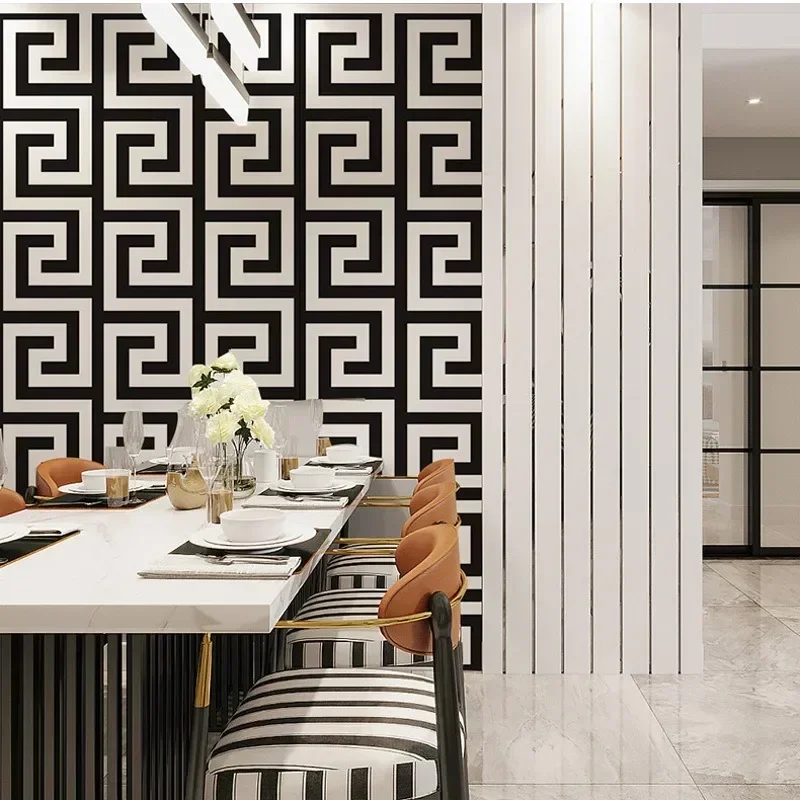 3D Geometric Wall Papers Black Luxury Satin Greek Key Wallpaper Home Decor Non-Self Adhesive Wallpaper for Living Room Bedroom