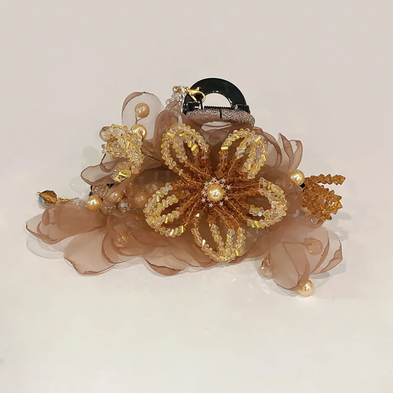 Luxury Organza Flower Hair Claw Clip Hand‑Beaded Crystal Pearl Tassel Hair Grips Women Bridal Wedding Banquet Hair Accessories