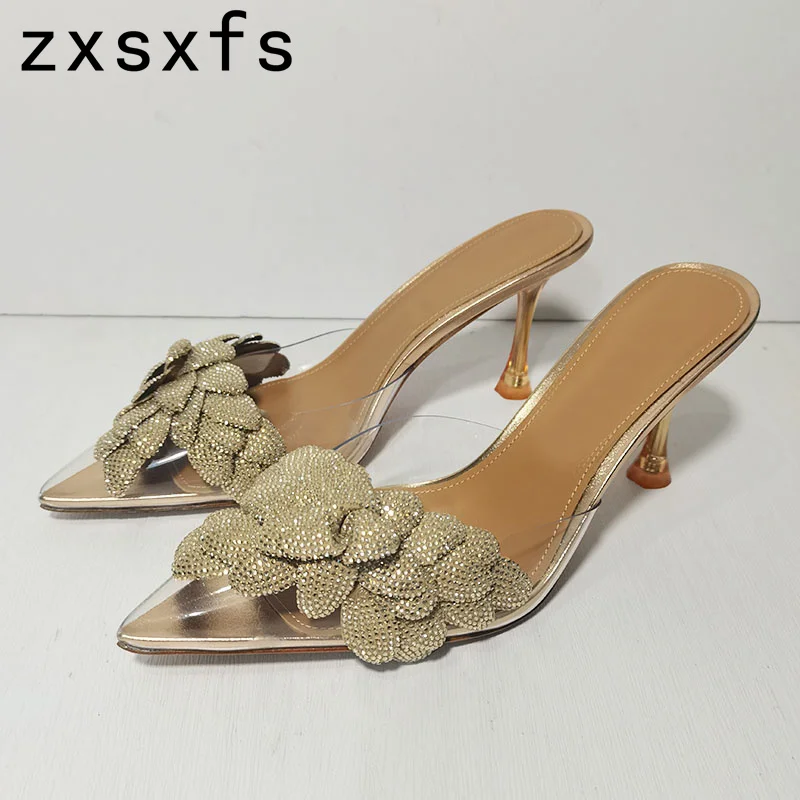 

High Quality PVC Flower Goblet Heels Slippers for Women Slip On Open Toe Pumps Brand Designer Slingback Party Sandals Women