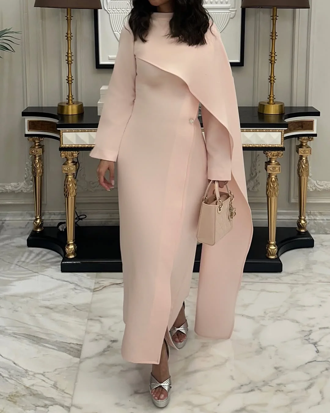 

Customized Long Sleeves Prom Dresses High Neck Formal Occasion Dresses Pleated Women's Temperament Evening Dresses