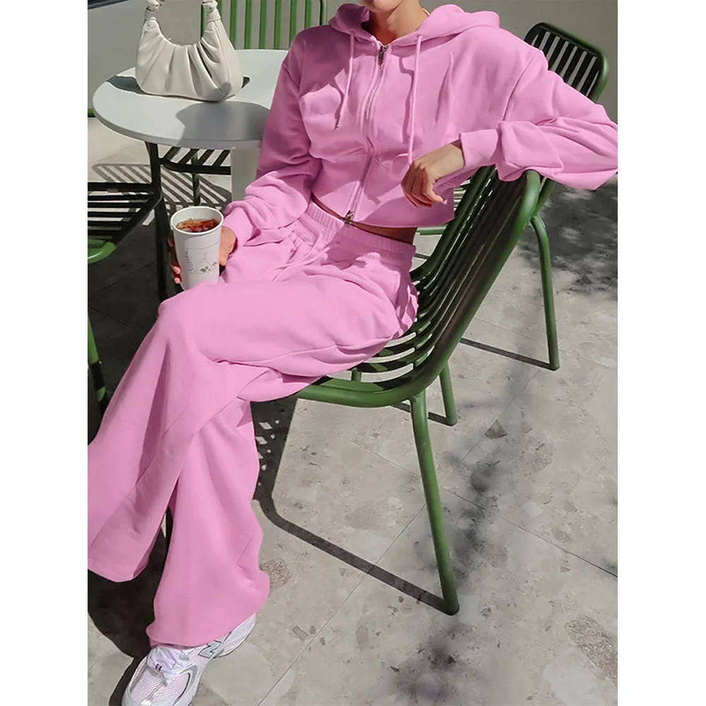 Women\'s Pink Tracksuits Solid Thin Fleece Long Sleeve Hooded Short Jacket+High Waist Wide Leg Pants 2pcs Female Casual Clothing