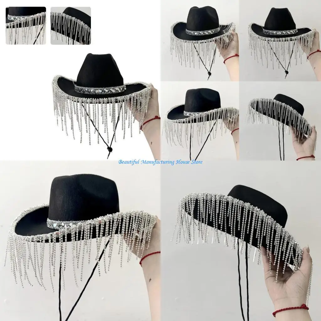 E56A Woman Dangle Decors Cowgirl Hat Wide Brim Fedoras Hat for Photoshoots