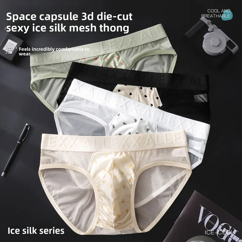 Cute Men Heart Bow Briefs Sheer Mesh Ice Silk Wide Letter Waist Lightweight Sexy Daily Male Intimates