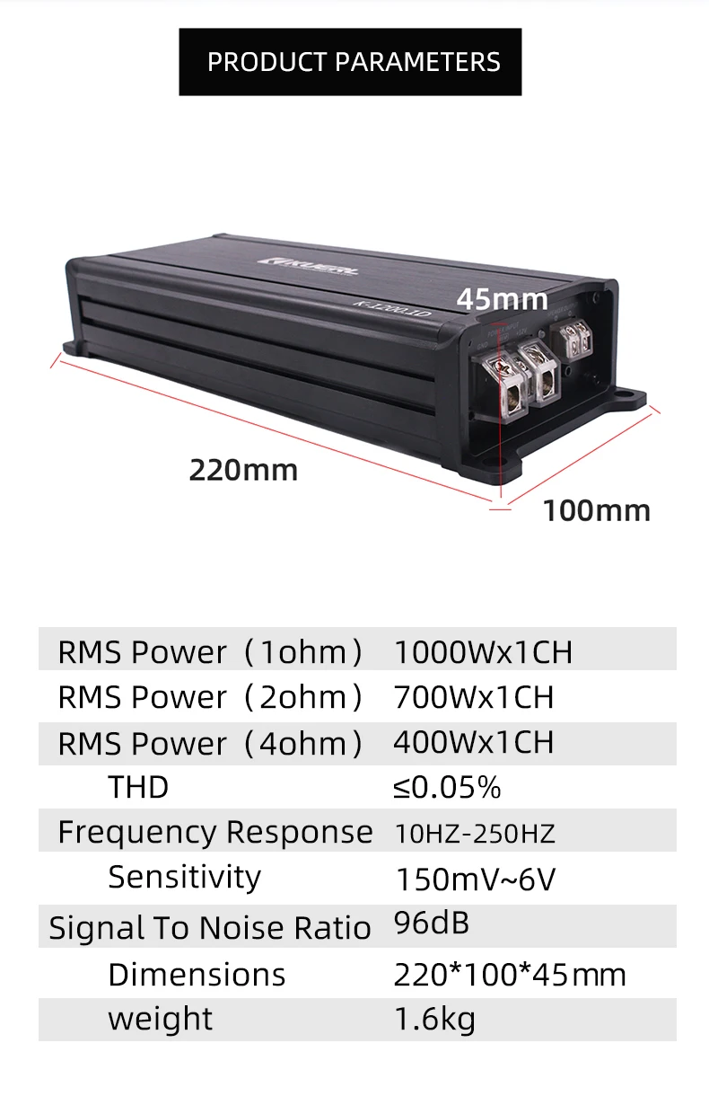 New Design Small Class D Digital Car Amplifier Full Range 1200 Watt Big Power 12V Mono Car Amplifier K-1200.1D