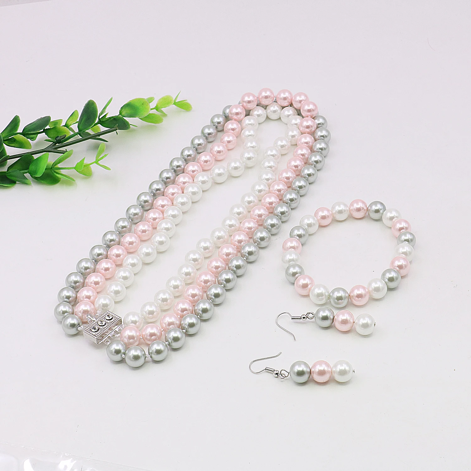 10mm 3rows Round White Pink Gray Shell Pearl Necklace Elastic Bracelet Drop Earrings Sets Women Men Girls Jewelry Making Design