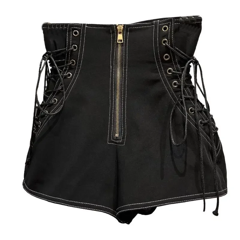Women's Fashion High Waist Zipper Design Shorts Trendy Casual A-line Side Straps Short Pants Female Spring New