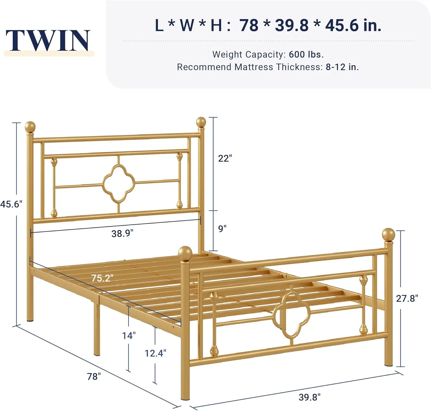 Twin Size Metal Platform Bed Frame with Victorian Vintage Headboard and Footboard/Mattress Foundation/Under Bed Storage, Gold