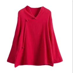 2026 Autumn long sleeve Vintage women blouse Fashion Chinese style loose casual cotton linen shirts tops camisas female clothing