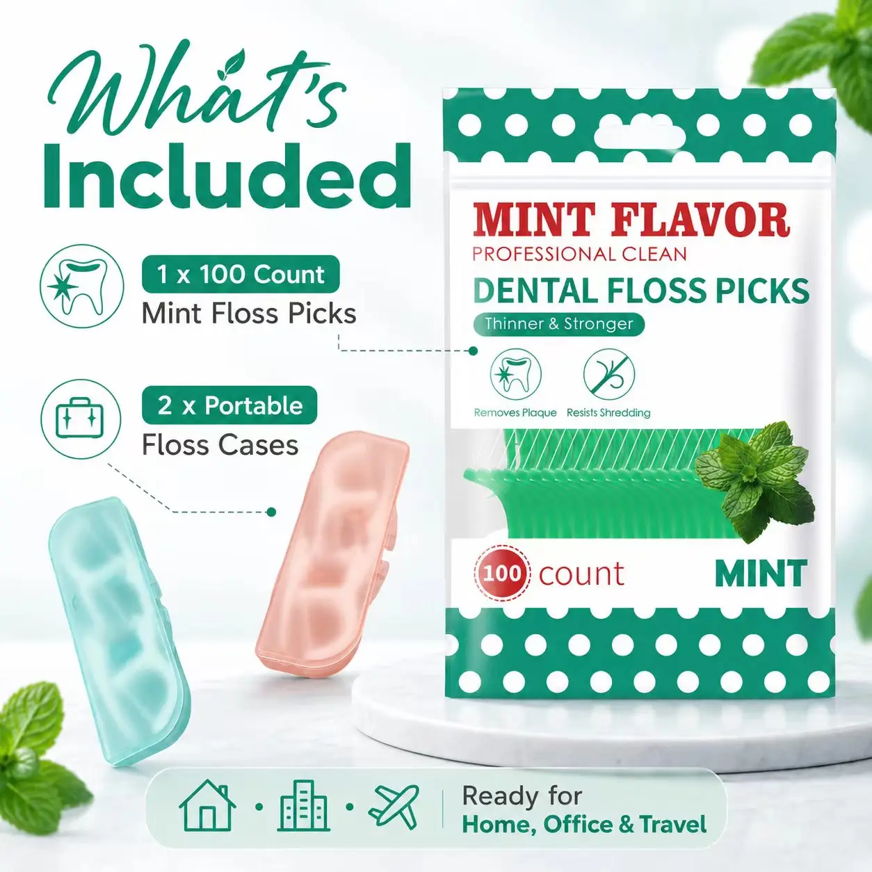 100Pcs Mint Floss Picks and 2 pcs Storage Boxes, Smooth Unbreakable Individually Wrapped for Daily Oral Care