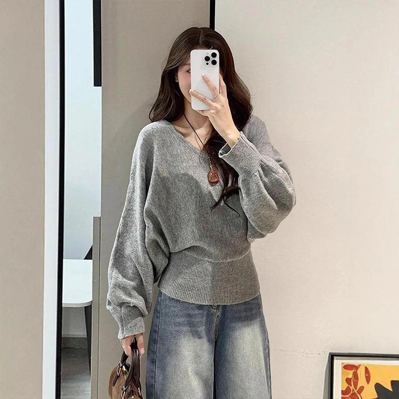 Factory Direct Korean Style Lazy V-Neck Batwing Sleeve Knitted For Women Autumn Winter Tie Waist Slimming Sweater Top