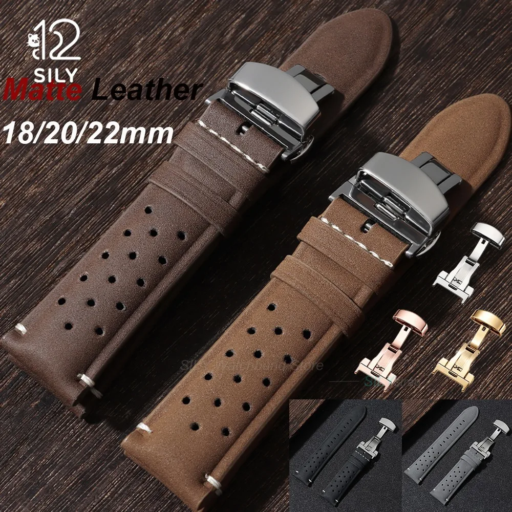 18/20/22mm Butterfly Buckle Business Matte Vintage Brown Leather Strap Universal Women Men Watch Band Breathable Porous Bracelet