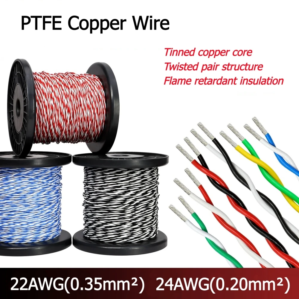 

PTFE Twisted Pair Copper Wire 24/22AWG Square 0.20/0.35mm DIY FEP High Temperature Resistant 2Pin Electronic Signal Copper Cable