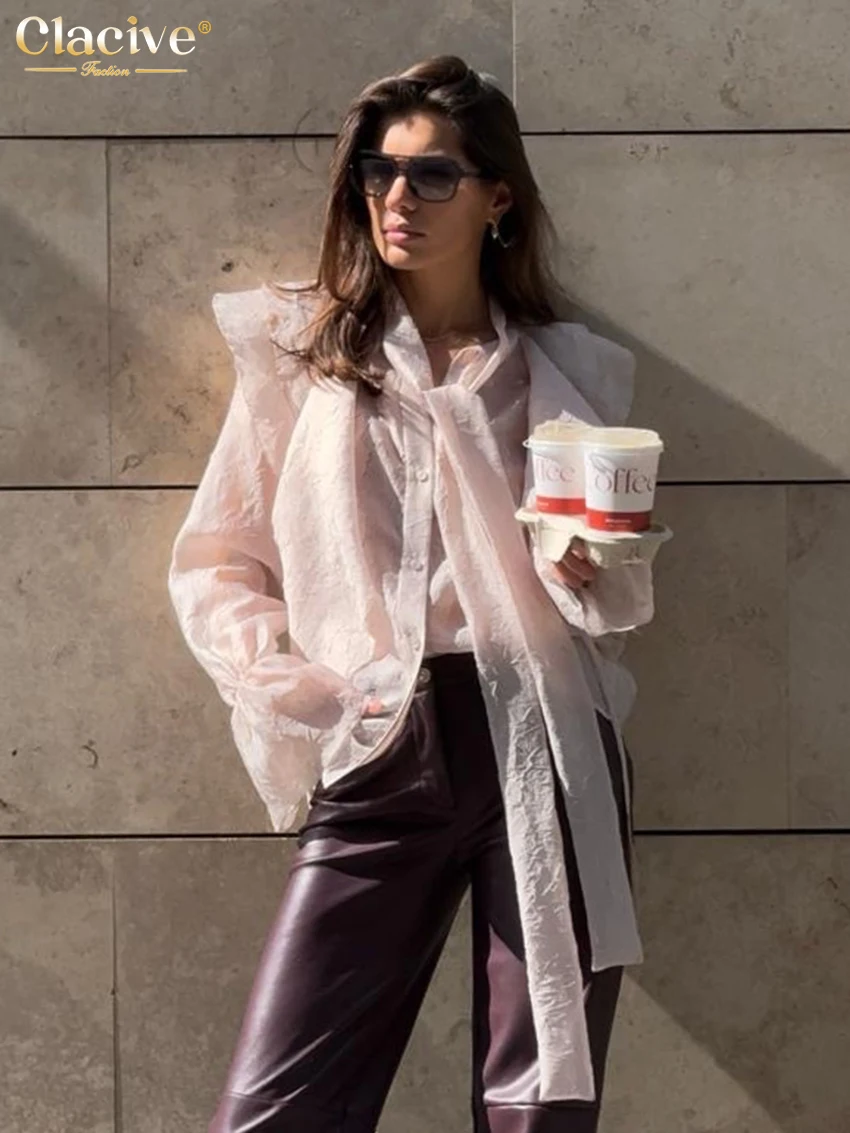 Clacive Casual Loose Pink Women's Shirt 2025 Fashion Lapel Long Sleeve Blouse Elegant Classic Ruffle Lace-Up Top Female Clothing