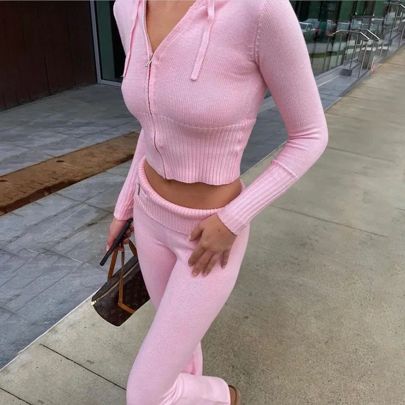 Knitted 2 Piece Sets Women Tracksuit Long Sleeve Zipper Hooded Sweater Crop Top Flare Pants Stretch Matching Suit Outfit