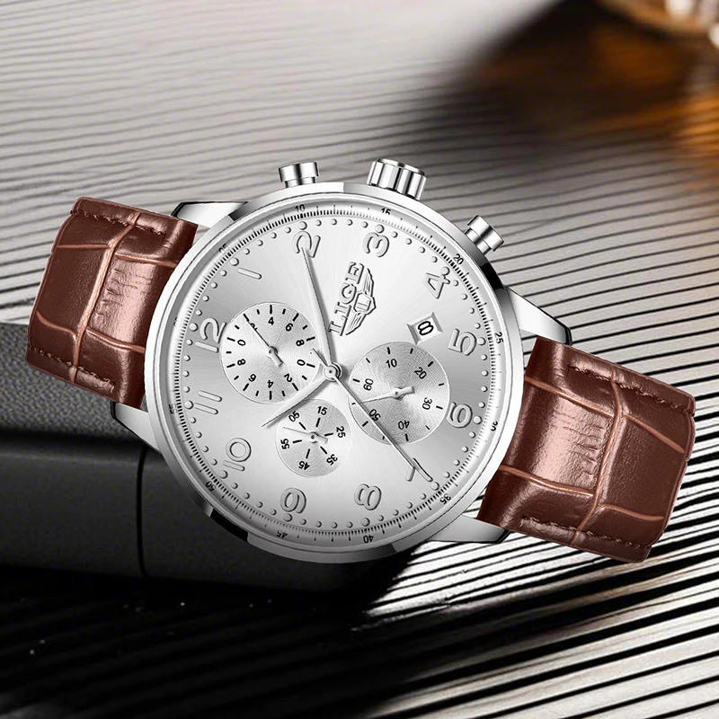 LIGE Mens Watches Top Brand Luxury Fashion Chronograph Quartz Watch for Men Business Leather Waterproof Wristwatch Montre Homme