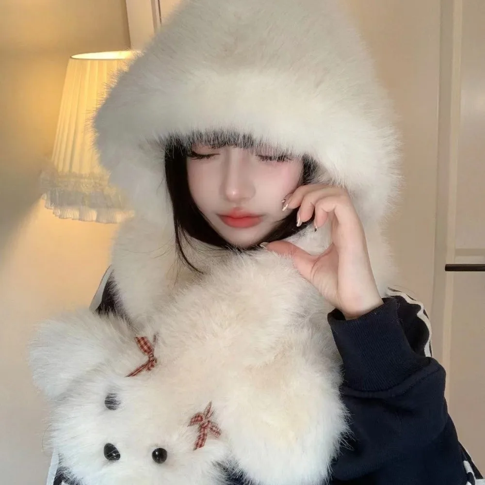 

New Fluffy Fur Hat Scarf Set Windproof Warm Warm Hat Coldproof Cute Dog Ear Protection Hat for Outdoor Cycling Skiing