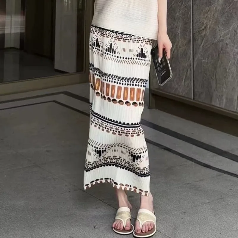 Miyake Pleated Printed Skirt Plisse 2026 Summer New Pleats Side Slits Unique Printed Jupe Casual Versatile Fold A-line Skirt