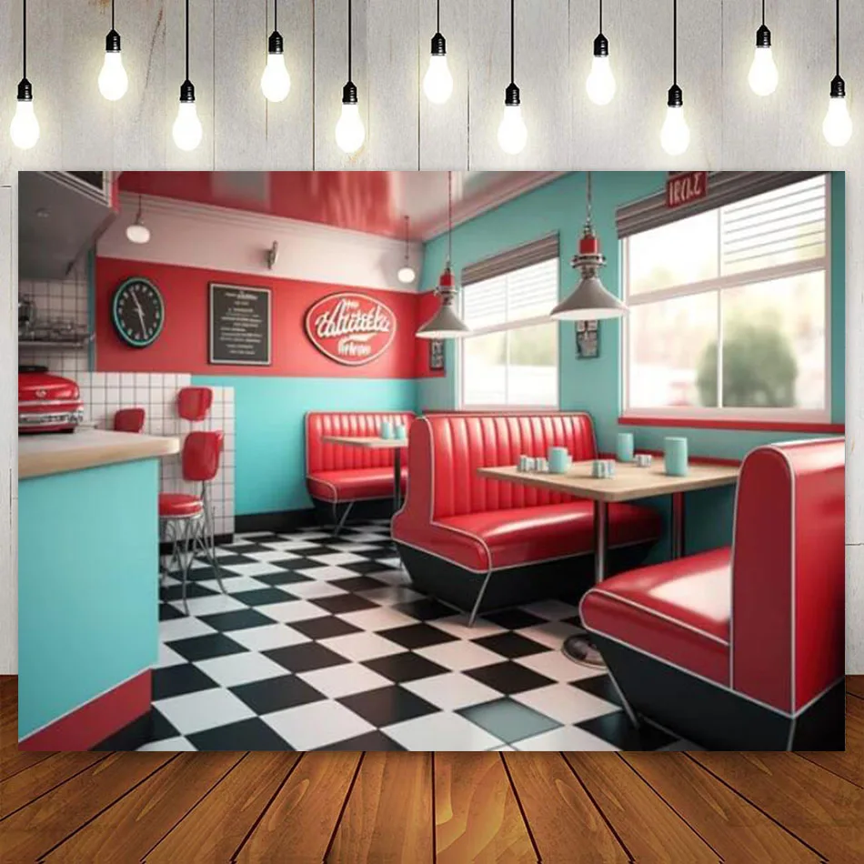 1950s Vintage American Diner Backdrop 50s Cafe Fast Food Soda Shop Restaurant Bar Dining Background Birthday Party Decoration