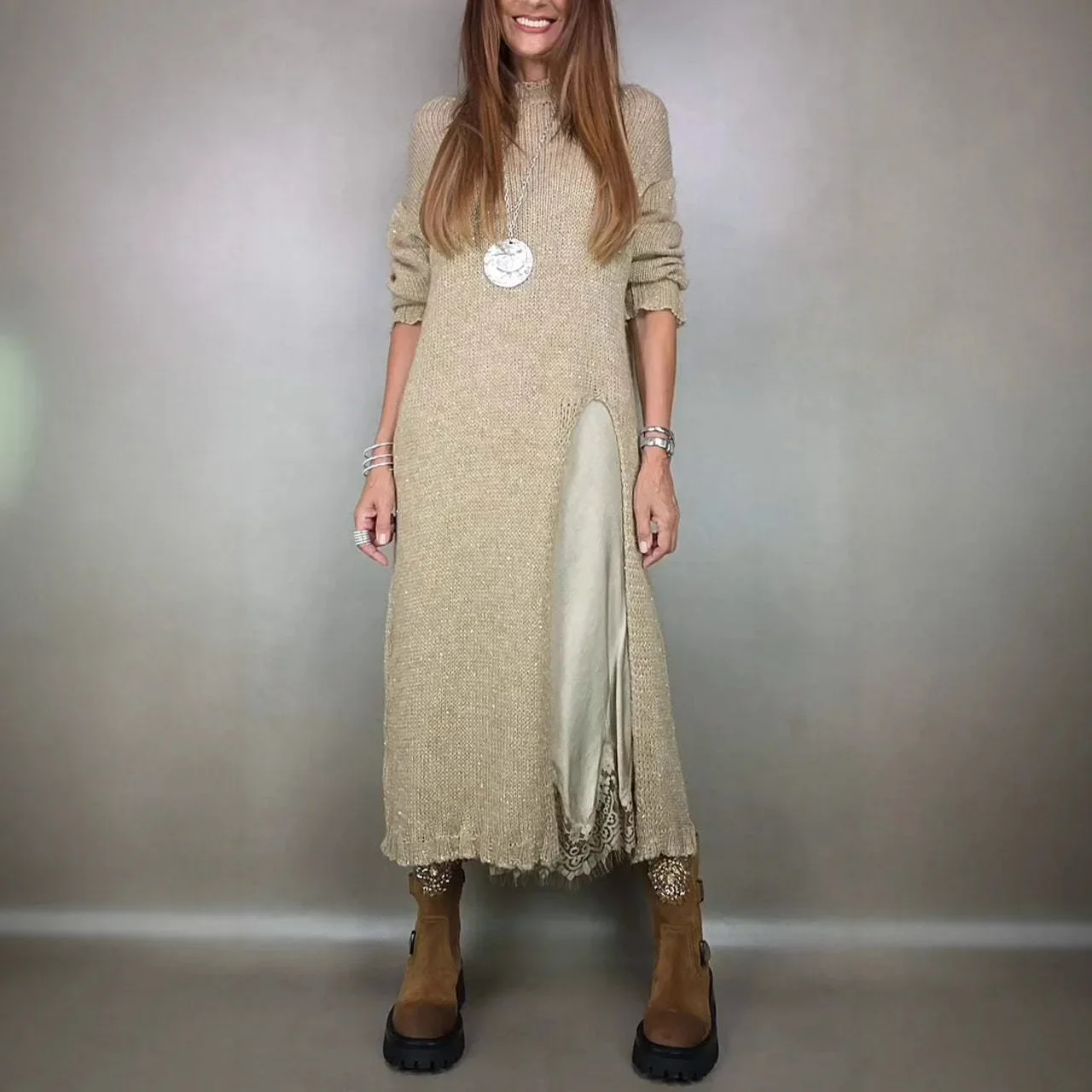 Women 2 Pieces Long Sleeve Pullover Sweater + Lace Sexy Vest Dresses Two-piece Set Elegant Dress Outfits Autumn Soft Loose Sets