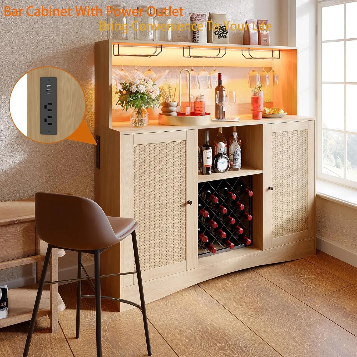 Armoire de bar à vin en rotin avec lumière LED et prises de courant, armoire de bar française autoportante, armoire à café domestique avec vin T1