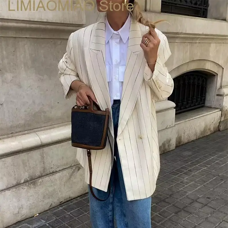 

New Stripe Blazer Trouser Three Piece Set Loose Long Sleeve Coat Waistcoat Wide Leg Pants Female Suit Casual Lady Sets