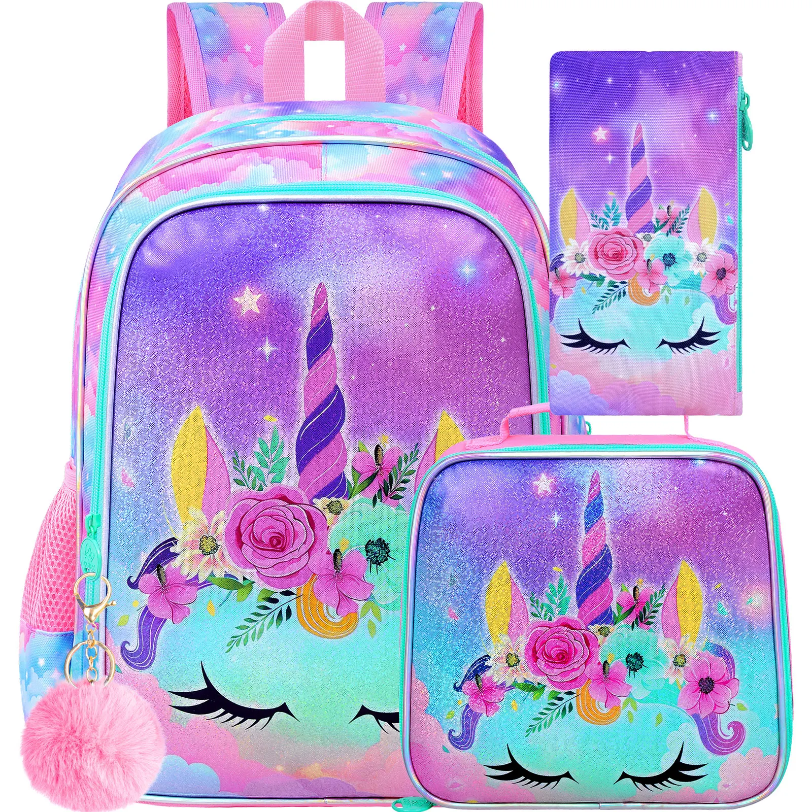 女の子用ユニコーンバックパック3個セット、16インチ子供用ブックバッグ（ランチボックス付き）、防水加工の小学生用バッグ（未就学児向け）