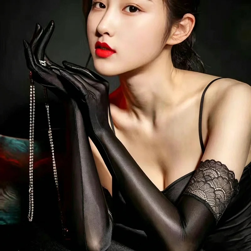 Sexy Temptation Oily Thin Elasticity Transparent Tight Lace Long Gloves Women Party Cosplay Opera Stage Performance