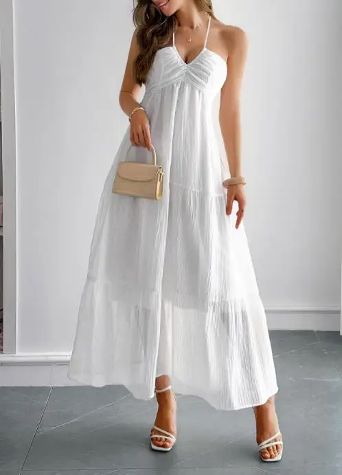 

Leisure Vacation Hanging Collar Semi Transparent Dress, Summer Women's Solid Color V-Neck Hanging Neck Backless Suspender Dress