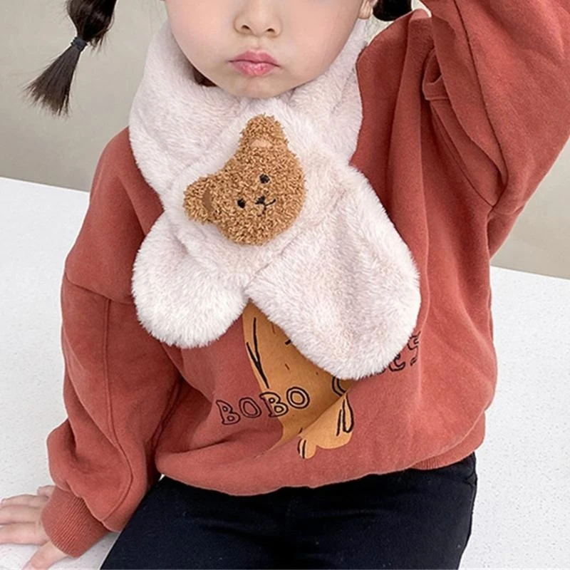 97BE Fashionable Kids Bear Scarf Cartoon Baby Scarf Soft Plush Winter Neck Warmer
