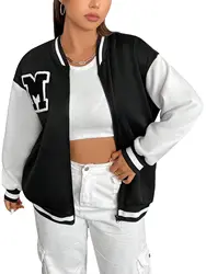 WDIRARA Women's Plus Size Letter Patched Striped Trim Zip Front Long Sleeve Colorblock Baseball Bomber Jacket