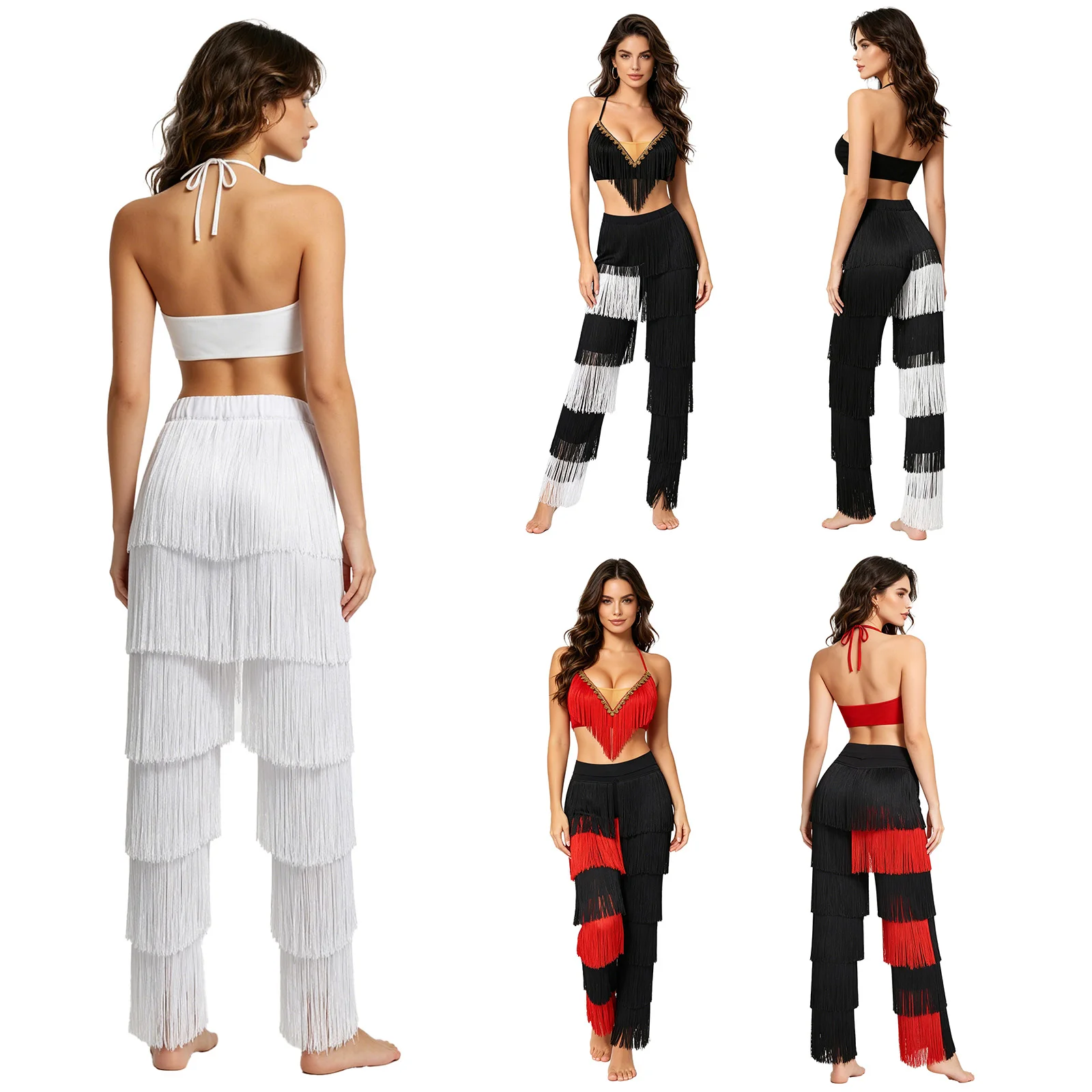 

Women Latin Dance Performance Outfit Tassel Halter Crop Top with Pants 70s Disco Cha-cha Tango Belly Dancing Costume Dancewear