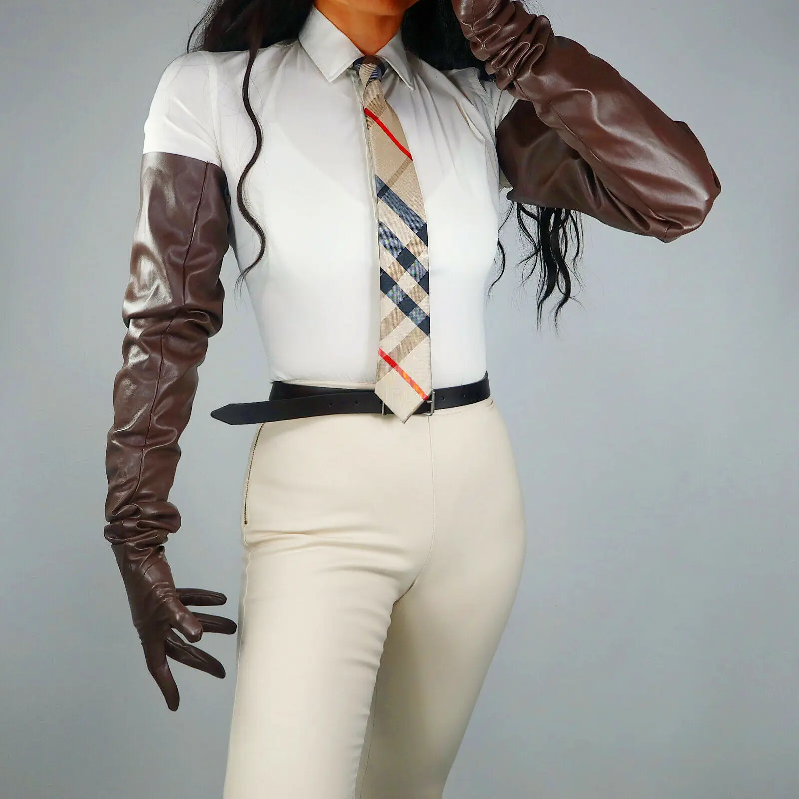 

Unisex Oversized Coffee Leather Gloves Deep Brown Faux PU 90cm Shoulder Gloves Loose Sleeves Cosplay Halloween Costume Glove