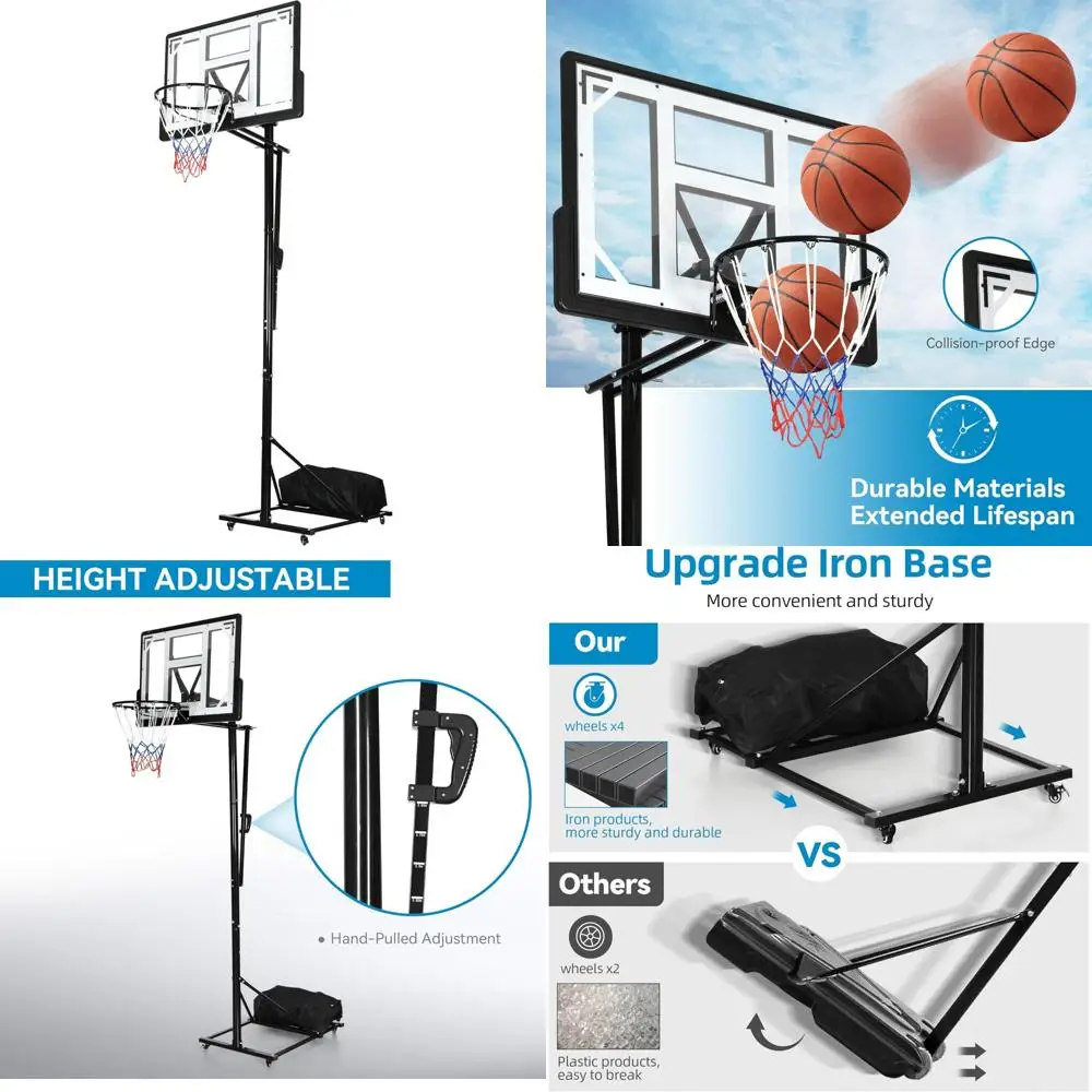 

Adjustable Outdoor 10 Foot Basketball Hoop with Portable Iron Base and 4 Wheels for Easy Mobility and Height Adjustments