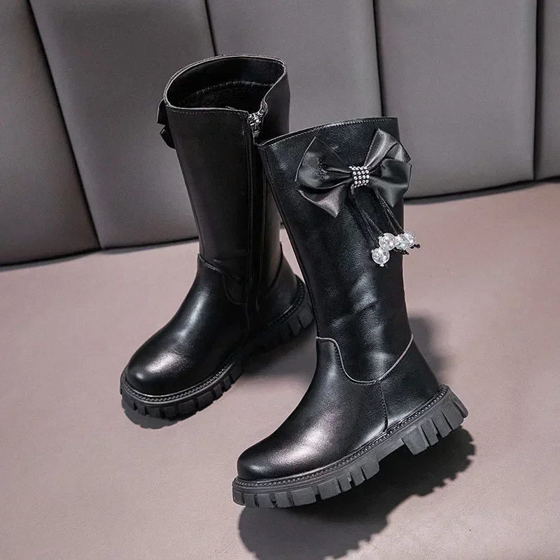 Knee Length Boots Children Shoes New 2024 Autumn Winter Fashion High Top Student Shoes Girls Princess Shoes with Bow Kids Boots