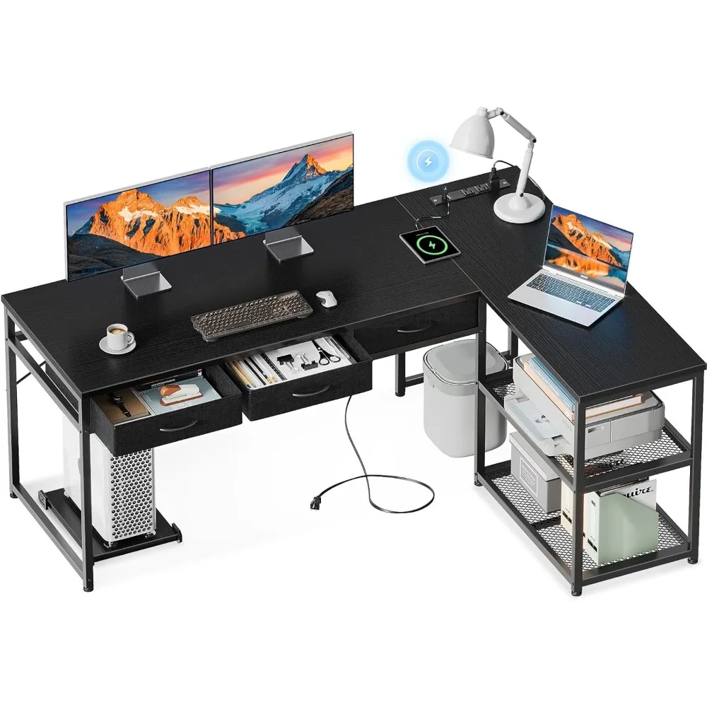 

61 Inch L Shaped Computer Desk with Drawers, Corner Desk with Power Outlets & Reversible Storage Shelves, Movable CPU Stand