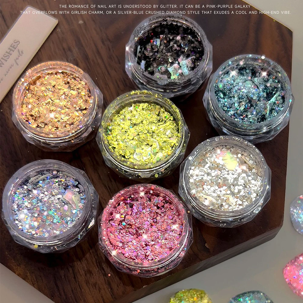 1Jar Holographic Chunky Nail Art Glitter Sequins Iridescent Shell Flakes Chunky Sequins Mix Nail Charms Mermaid Shiny Nail Decor