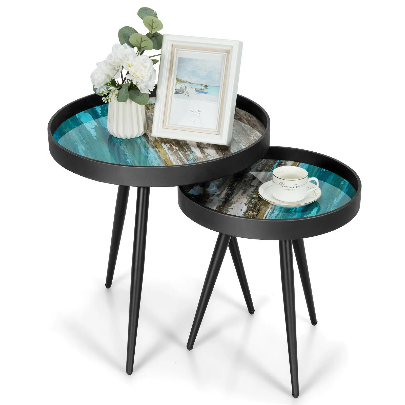 Set of 2 Coffee Table Stylish Nesting End Tables w/ Wooden Tray Top & Steel Legs