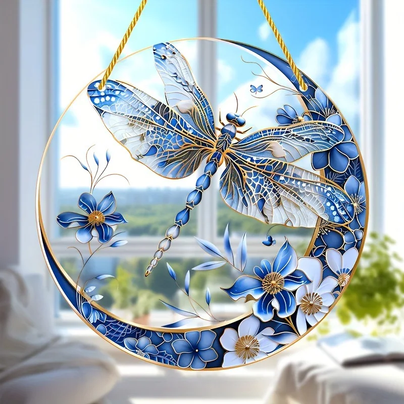 Blue White Porcelain Dragonfly Sun Catcher, Acrylic Garden Decor with Vibrant Colors, Perfect Housewarming Thanksgiving Gift