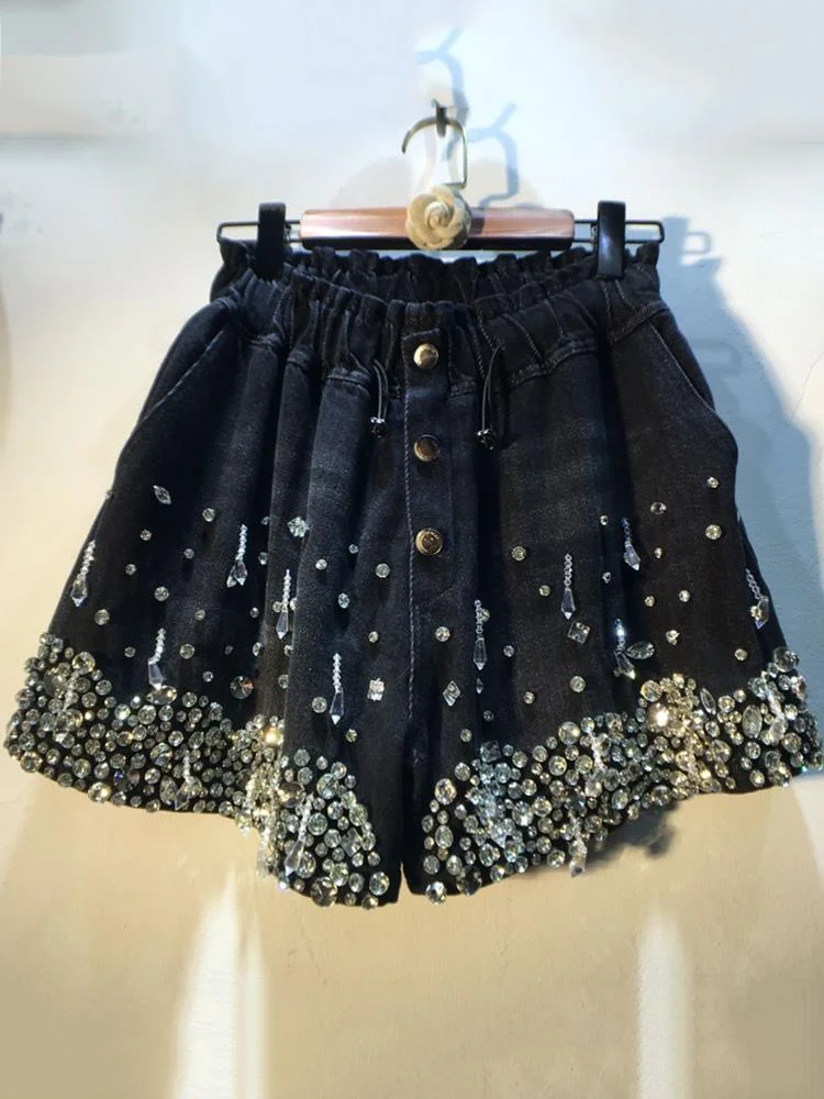  Summer Women's Shorts New Fashion High Elastic Waist Tassel Diamond Wide Leg Denim Short Pant Female Tide  O363