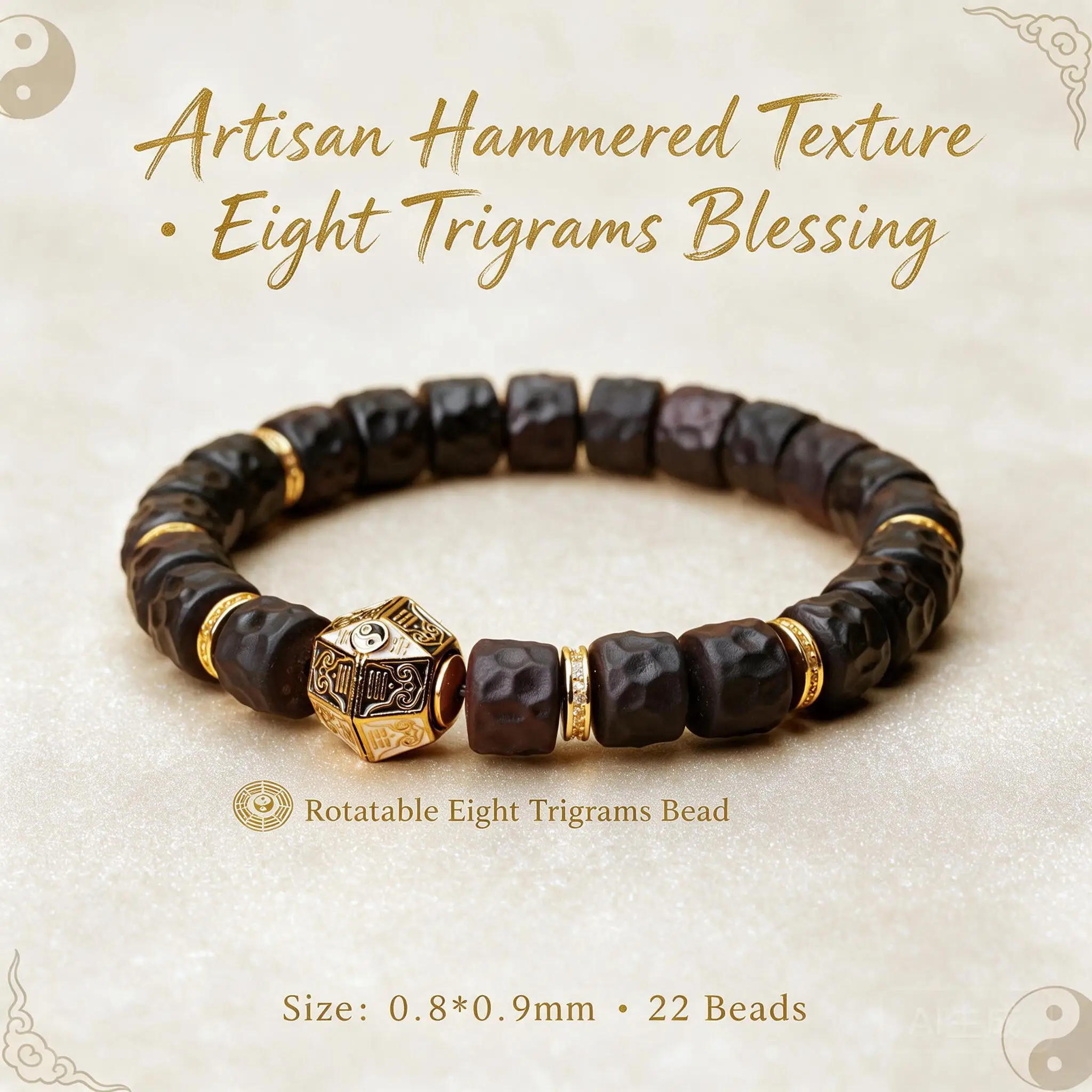 Chinese Traditional Taoist Style Hammer Textured Thunder Struck Jujube Wood Beaded Bracelet Rotating Bagua Lucky Charm Fortune
