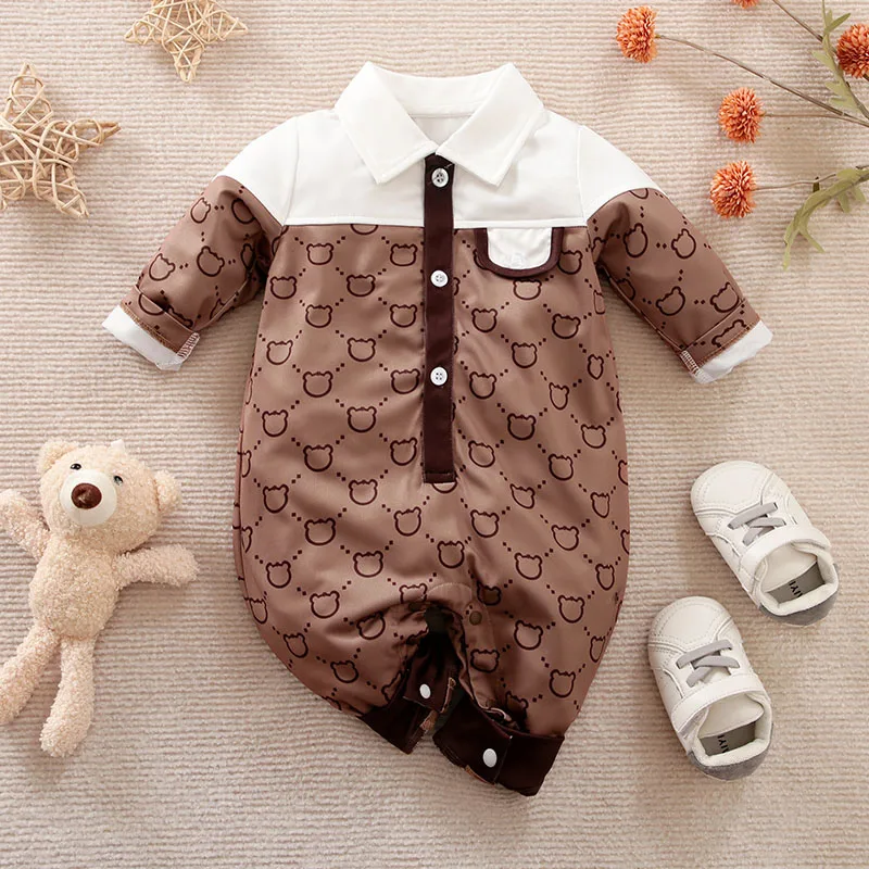 Spring and Autumn Style Boys and Girls Cute Little Bear Print Comfortable Casual Long Sleeve Baby Bodysuit