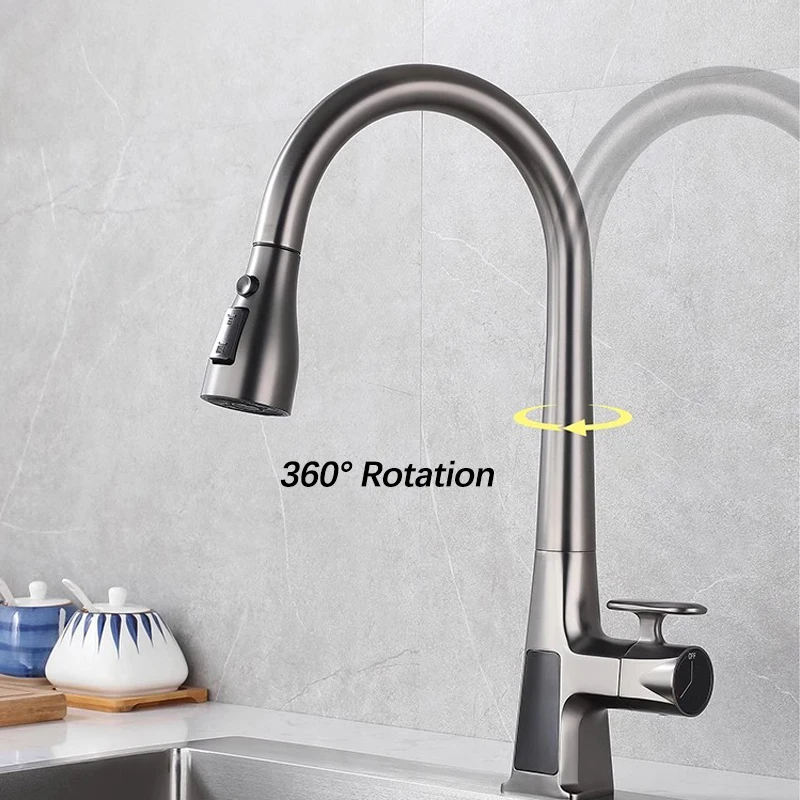 Temperature Display Pull Out Kitchen Faucet.Smart Infrared Sensor Water Mixer Tap.Three Modes Spout Cold Hot Water Sink Faucet.