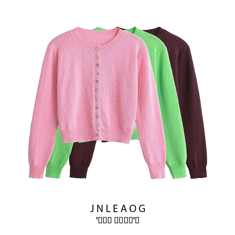 

JNLEAOG, осенняя новинка, женская модная повседневная вязаная куртка, простая уличная одежда, длинный свек, круглый цвет Ne ort Length